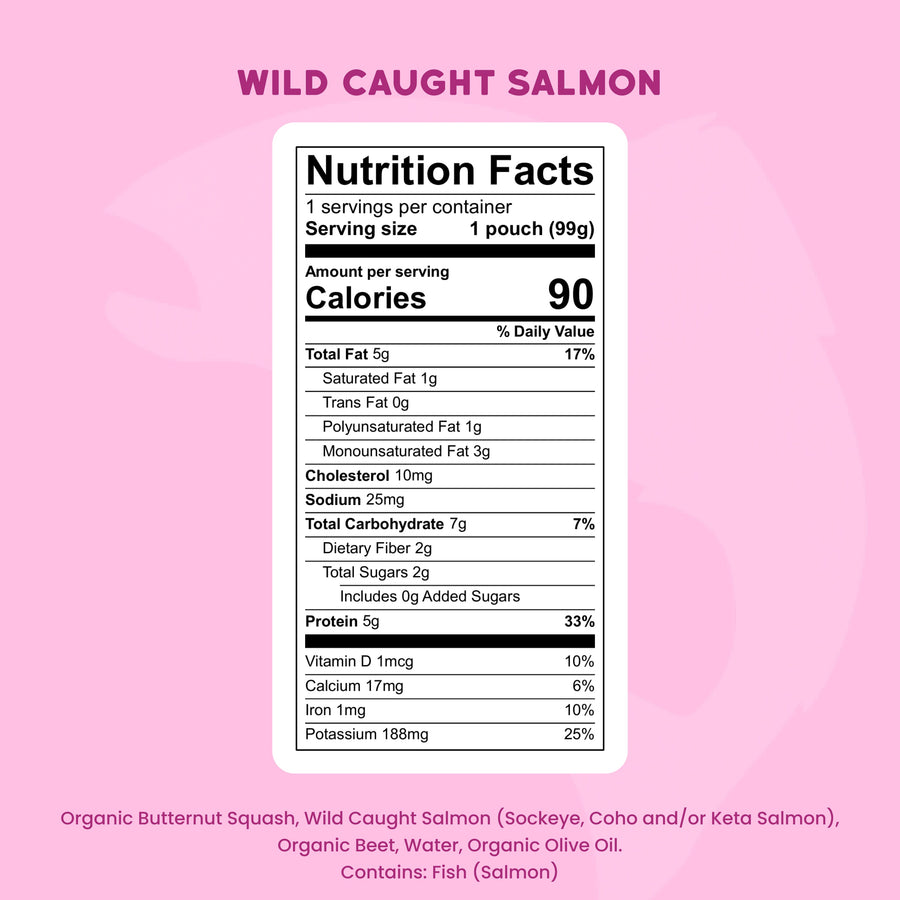 Nutrition facts label for wild caught salmon on a pink background