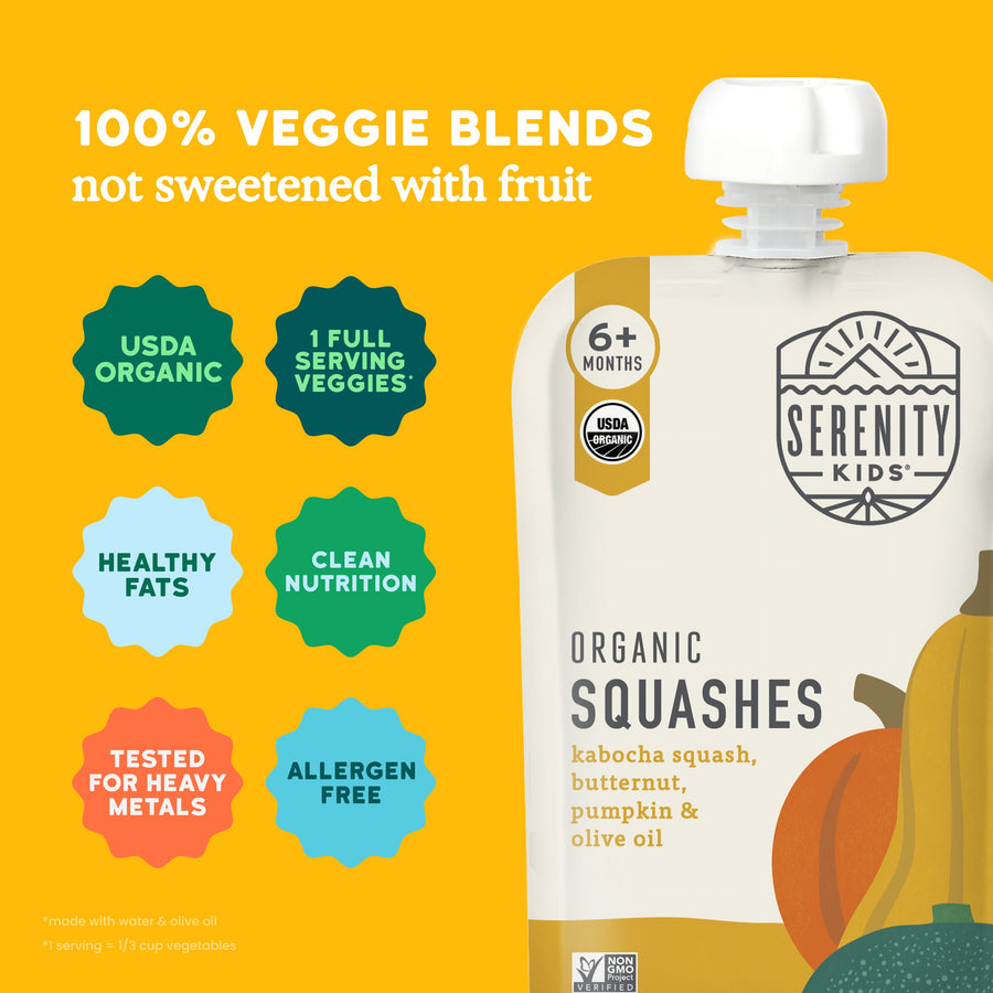 Serenity Kids organic squashes packaging with features on a yellow background