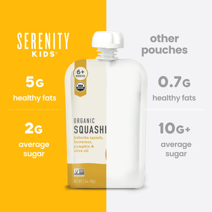 Serenity Kids Organic Squash pouch with comparison information on a yellow and white background