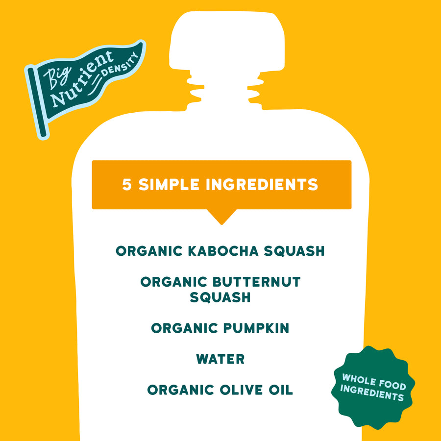 Squash Product label with ingredients on a yellow background