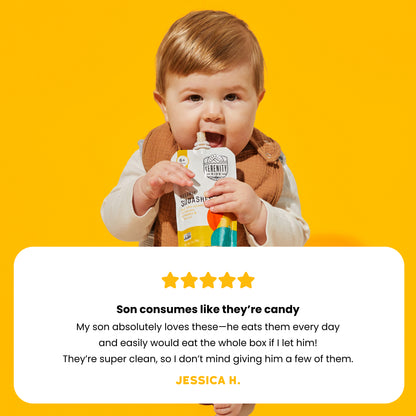 Child holding a squash product with a five-star rating and review on a yellow background