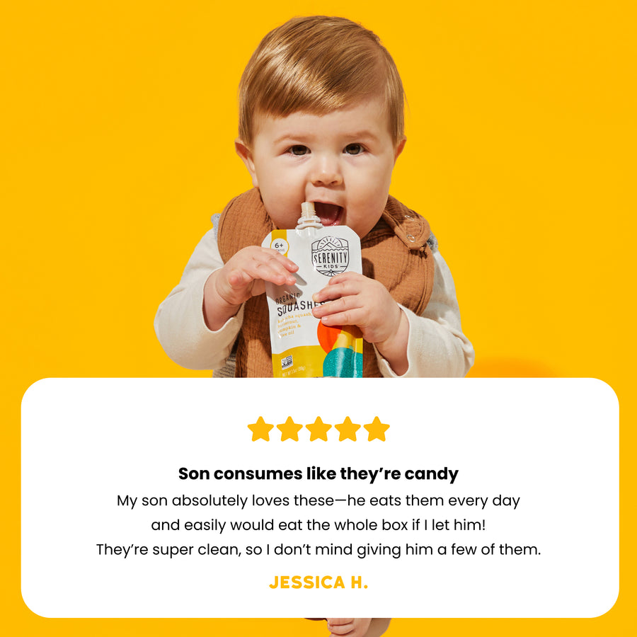 Child holding a squash product with a five-star rating and review on a yellow background