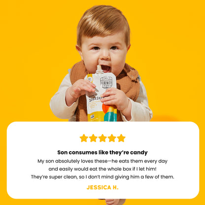 Child holding a squash product with a five-star rating and review on a yellow background