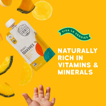 Viva La Veggies organic squashes packaging on a yellow background with text about vitamins and minerals.