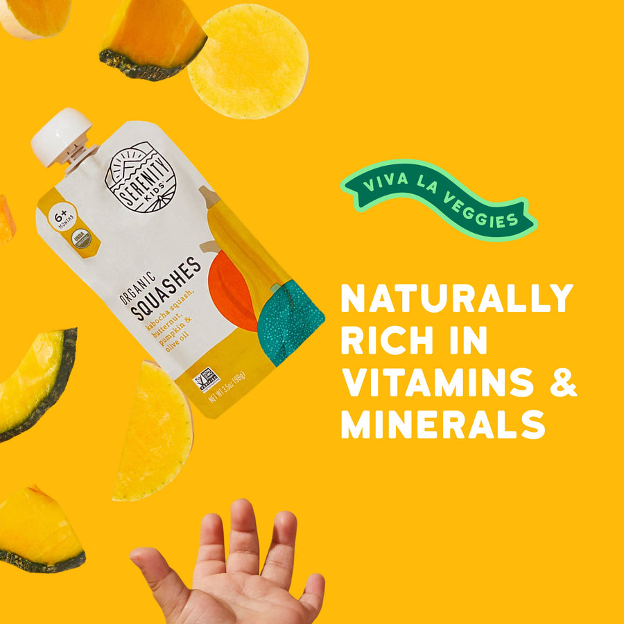 Viva La Veggies organic squashes packaging on a yellow background with text about vitamins and minerals.