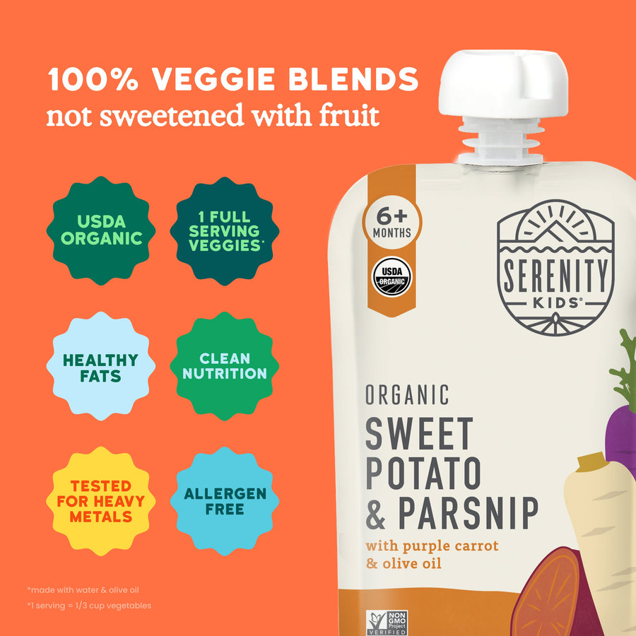 Serenity Kids organic sweet potato & parsnip puree packaging on an orange background with product features listed.