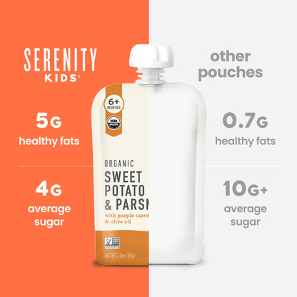 Serenity Kids organic sweet potato and parsnip pouch with comparison information on an orange and gray background