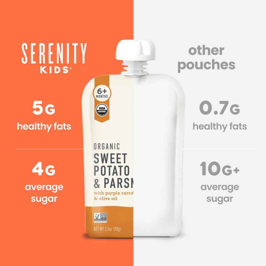 Serenity Kids organic sweet potato and parsnip pouch with comparison information on an orange and gray background