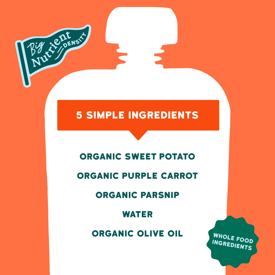 Sweet Potato Parsnip Pouch silhouette with ingredients listed on an orange background, featuring 'Big Nutrient Density' branding.