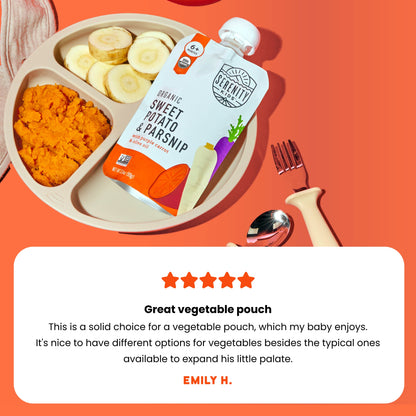 Baby food pouch with sweet potato and parsnip on a divided plate with baby food, against an orange background and a customer review.
