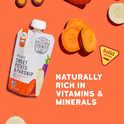 Serenity Kids organic sweet potato and parsnip solid food package on an orange background with sliced sweet potatoes.