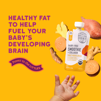 Serenity Kids smoothie pouch with ingredients on a yellow background and text about healthy fats for babies.