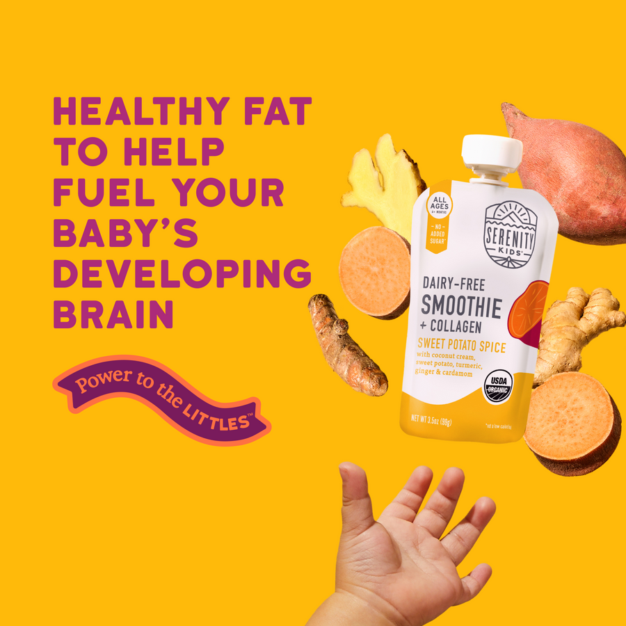 Serenity Kids smoothie pouch with ingredients on a yellow background and text about healthy fats for babies.