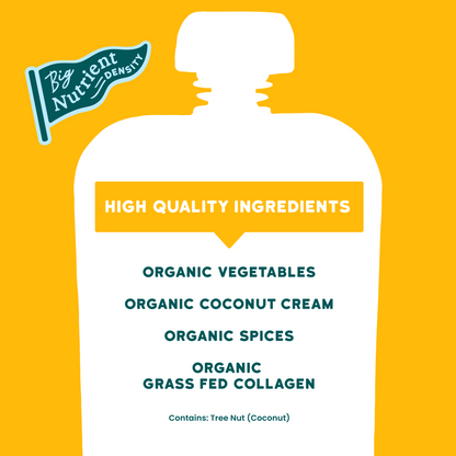 Sweet Potato Spice Smoothie Product packaging with 'Big Nutrient Density' branding and a list of high-quality ingredients on a yellow background.