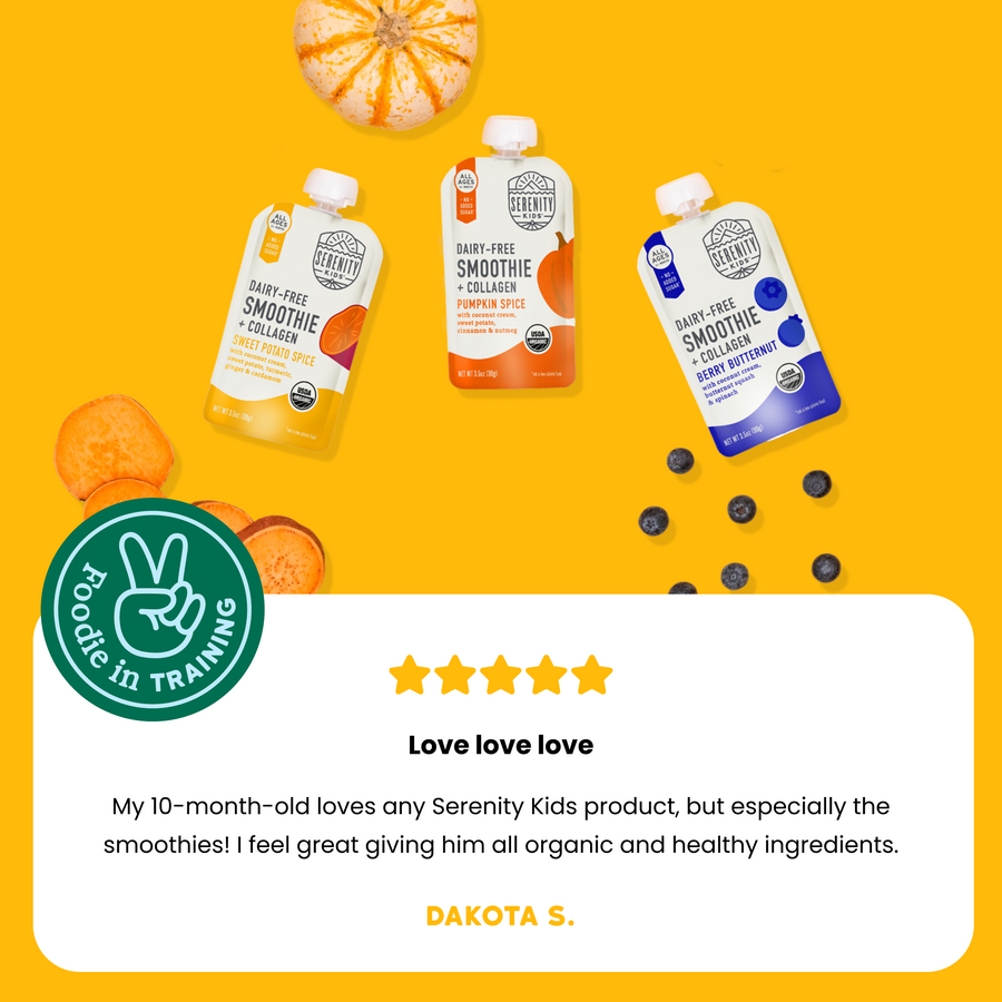 Serenity Kids smoothie pouches on a yellow background with a five-star rating and customer review.