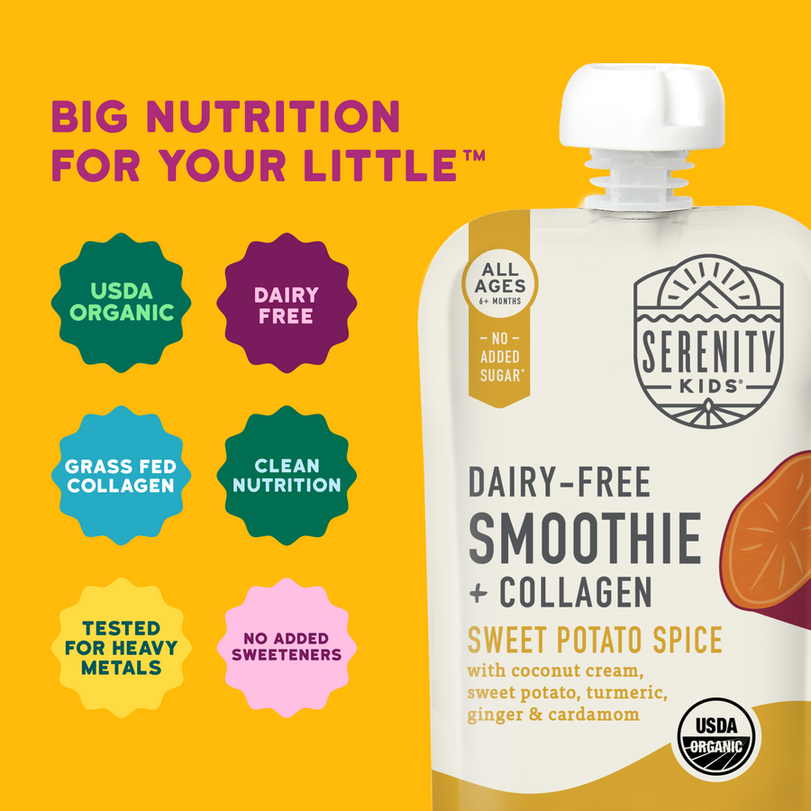 Serenity Kids Dairy-Free Smoothie + Collagen bottle with product features on a yellow background