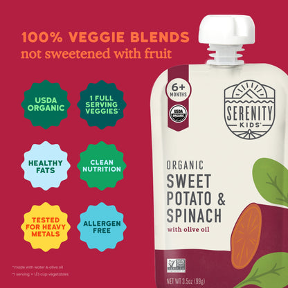 Serenity Kids organic sweet potato & spinach pouch with red background and branding elements.