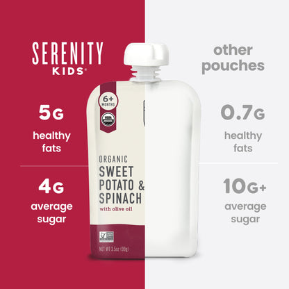 Serenity Kids organic sweet potato and spinach pouch with comparison information on a red and white background