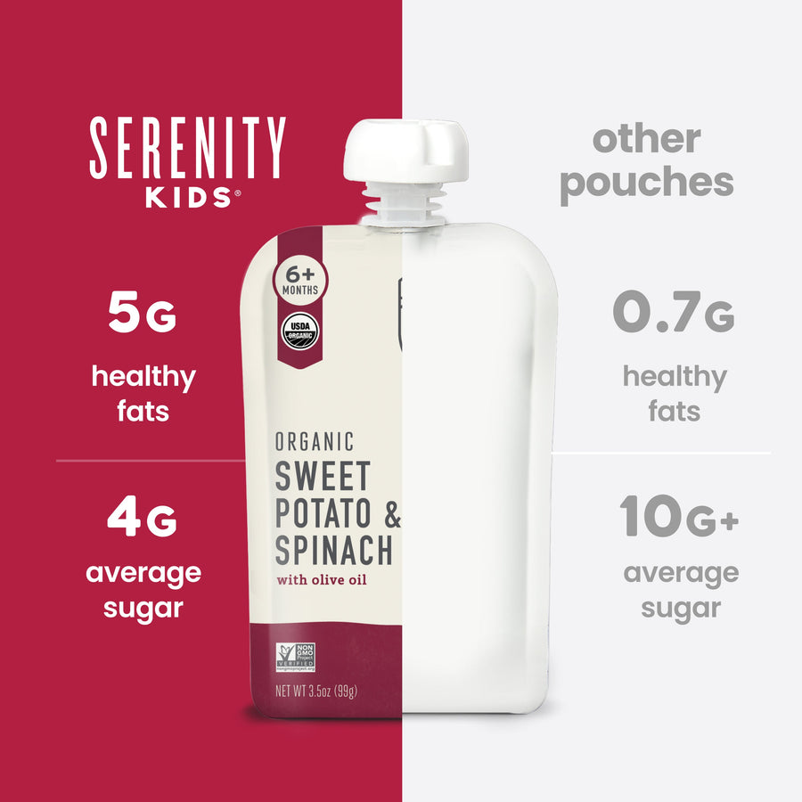 Serenity Kids organic sweet potato and spinach pouch with comparison information on a red and white background