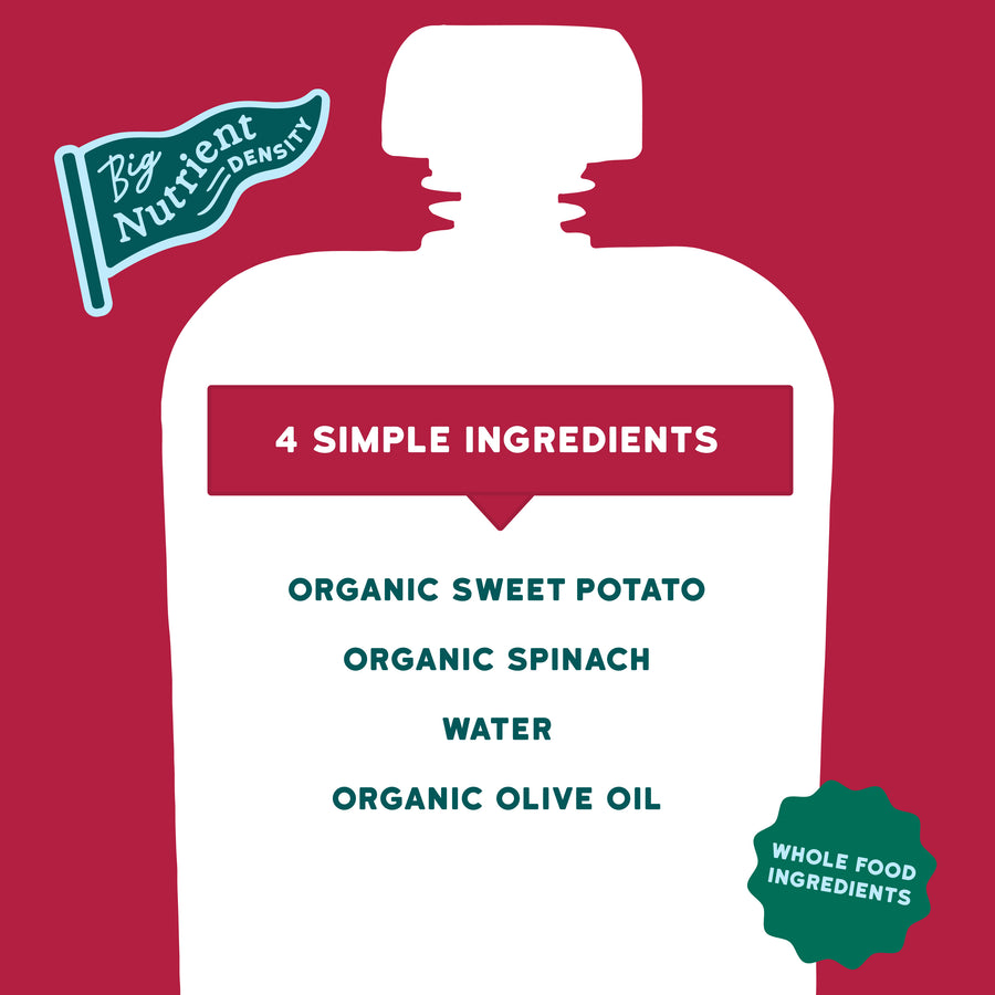 Silhouette of Sweet Potato and Spinach pouch with ingredients listed on a red background, featuring 'Big Nutrient Density' branding.