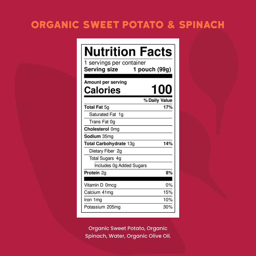 Nutrition facts label for organic sweet potato and spinach on a red background