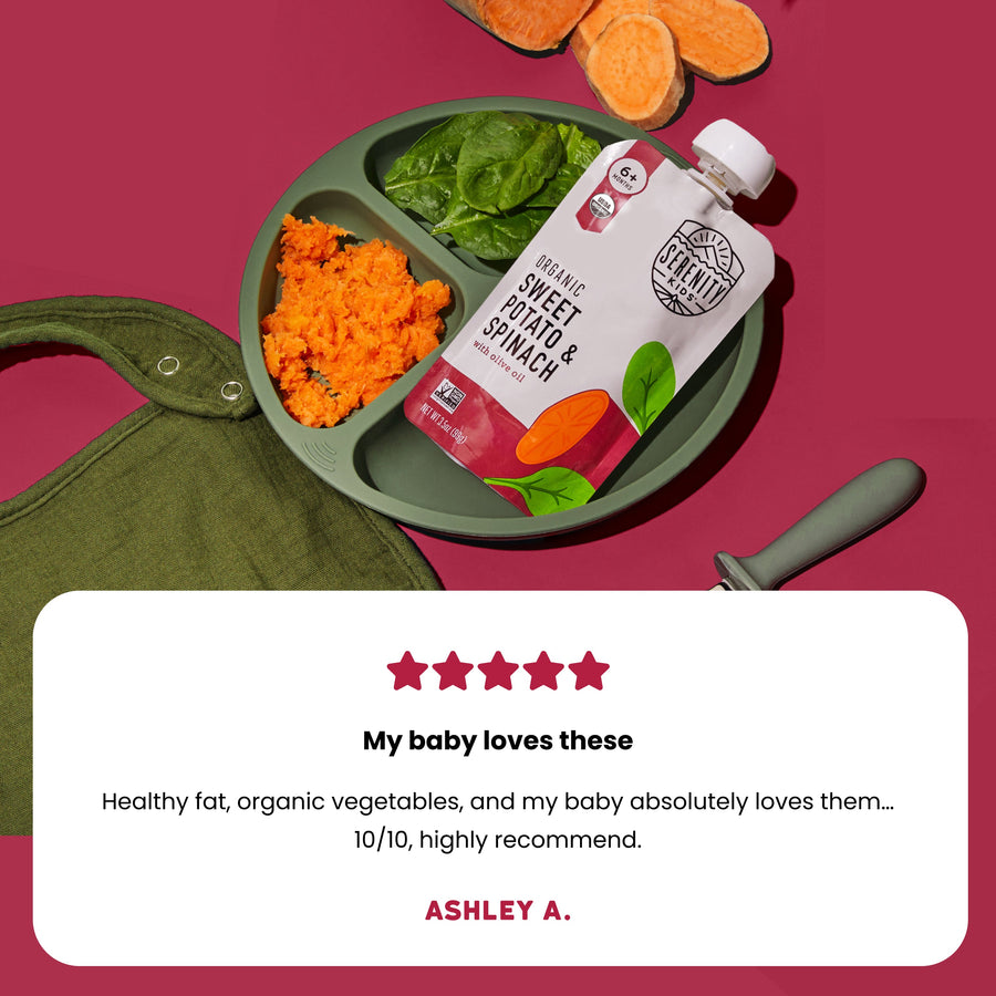 Baby food container with sweet potato, spinach, and a bib on a red background with a five-star rating and customer review.