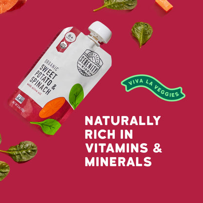 Serenity  organic sweet potato and spinach pouch on a red background with Viva La Veggies branding.
