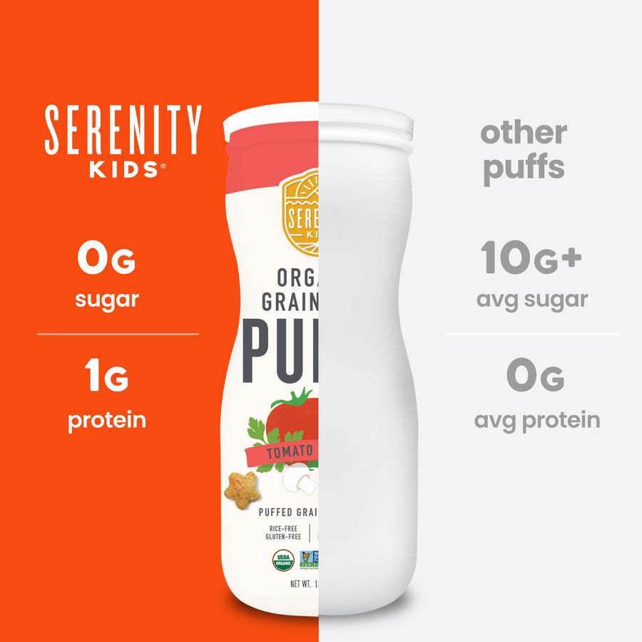 Serenity Kids puffed grain product with comparison information on an orange and white background
