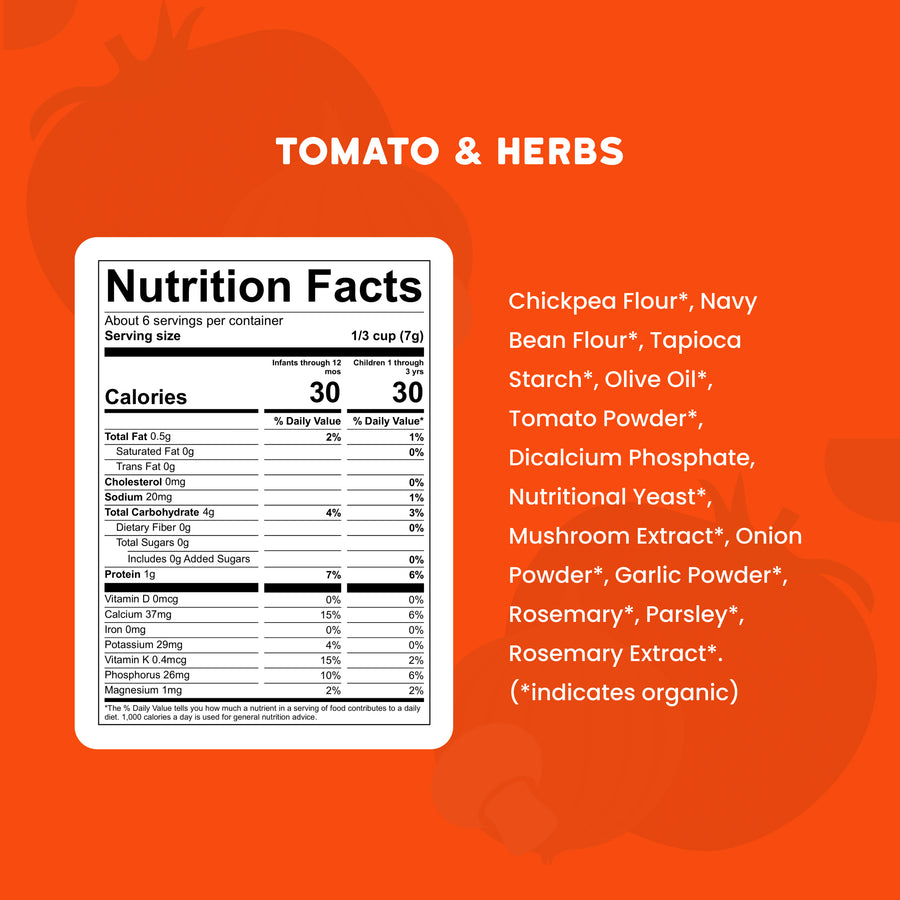 Nutrition facts label for a tomato and herbs product on an orange background with tomato graphics.