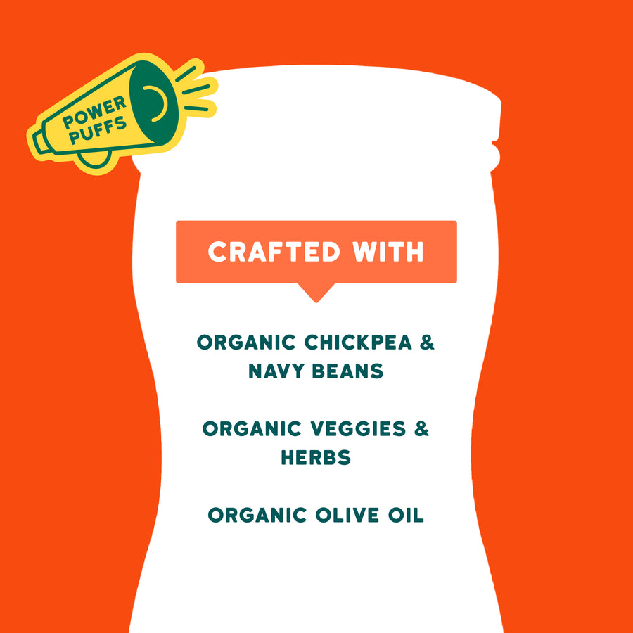 Container labeled 'Power Puffs' with text about ingredients on an orange background
