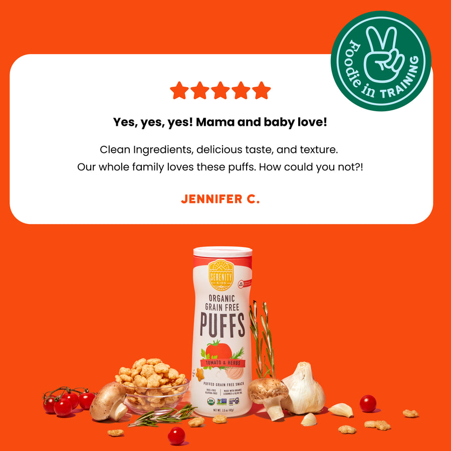 Product packaging with ingredients on an orange background, featuring a five-star rating and customer review.