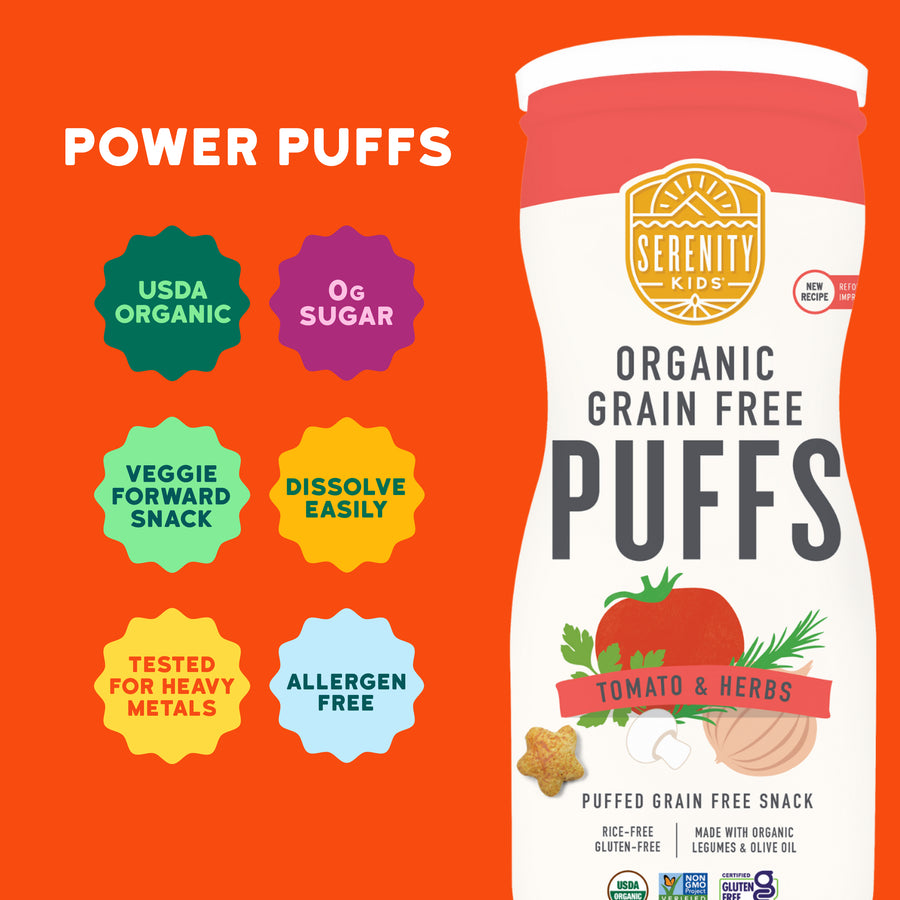 Serenity Kids Organic  Tomato Herb Grain Free Power Puffs packaging on an orange background with feature icons.