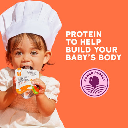 Child in chef's hat holding a baby food container with text about protein for babies on an orange background.