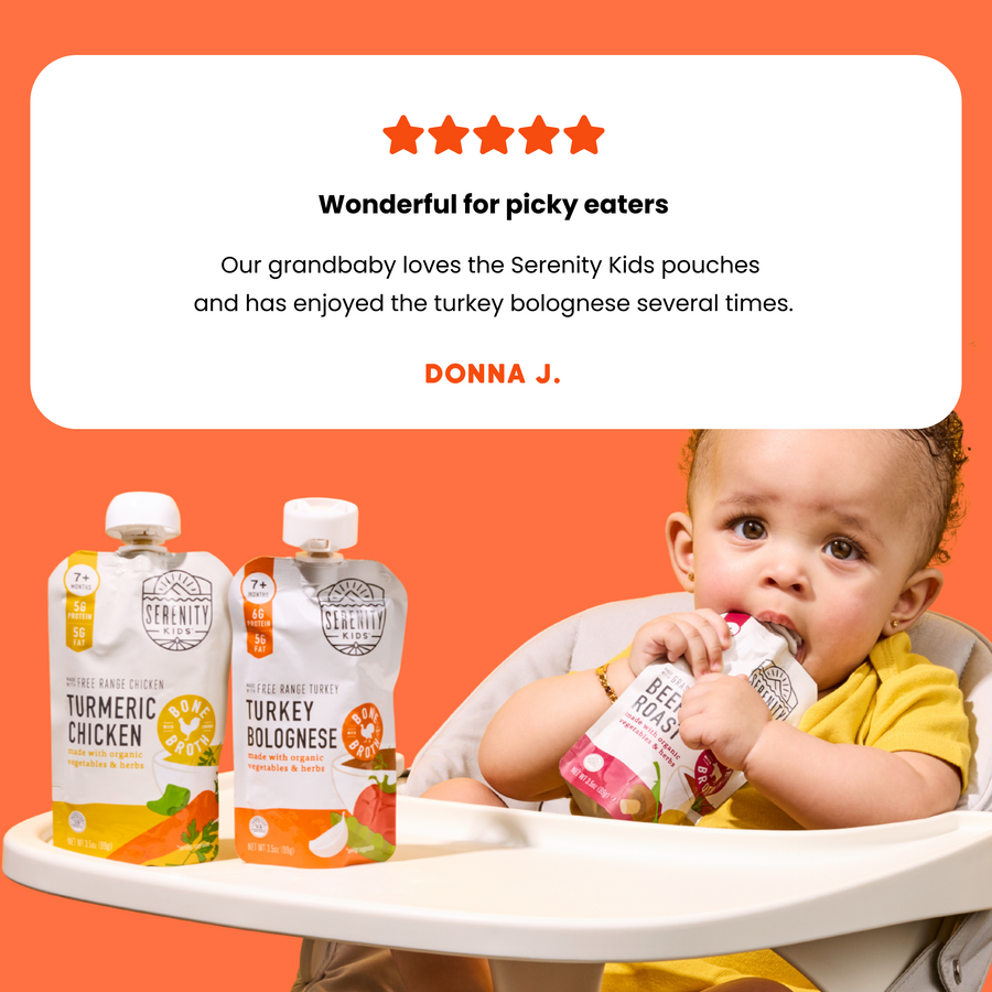 Baby in a high chair with Serenity Kids pouches and a review from Donna J.