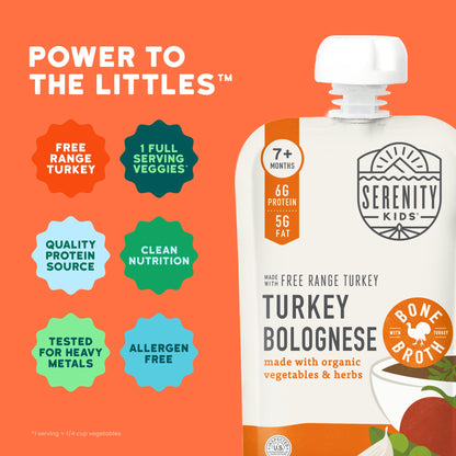 Serenity Kids Turkey Bolognese packaging with product details on an orange background