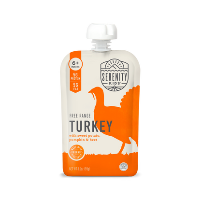 The best baby food turkey puree! Our Free Range Turkey Baby Food Pouch is low in sugar & allergen-free. GAP Certified for responsibly-sourced meats!