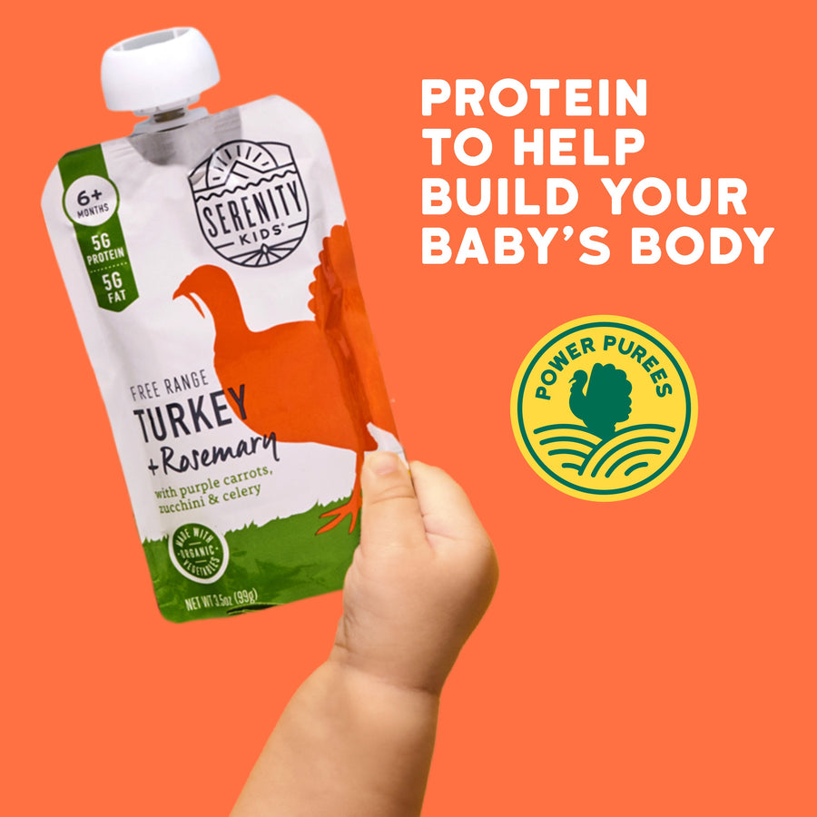 Serenity Kids Turkey Rosemary pouch held by a hand with text and power purees image on an orange background