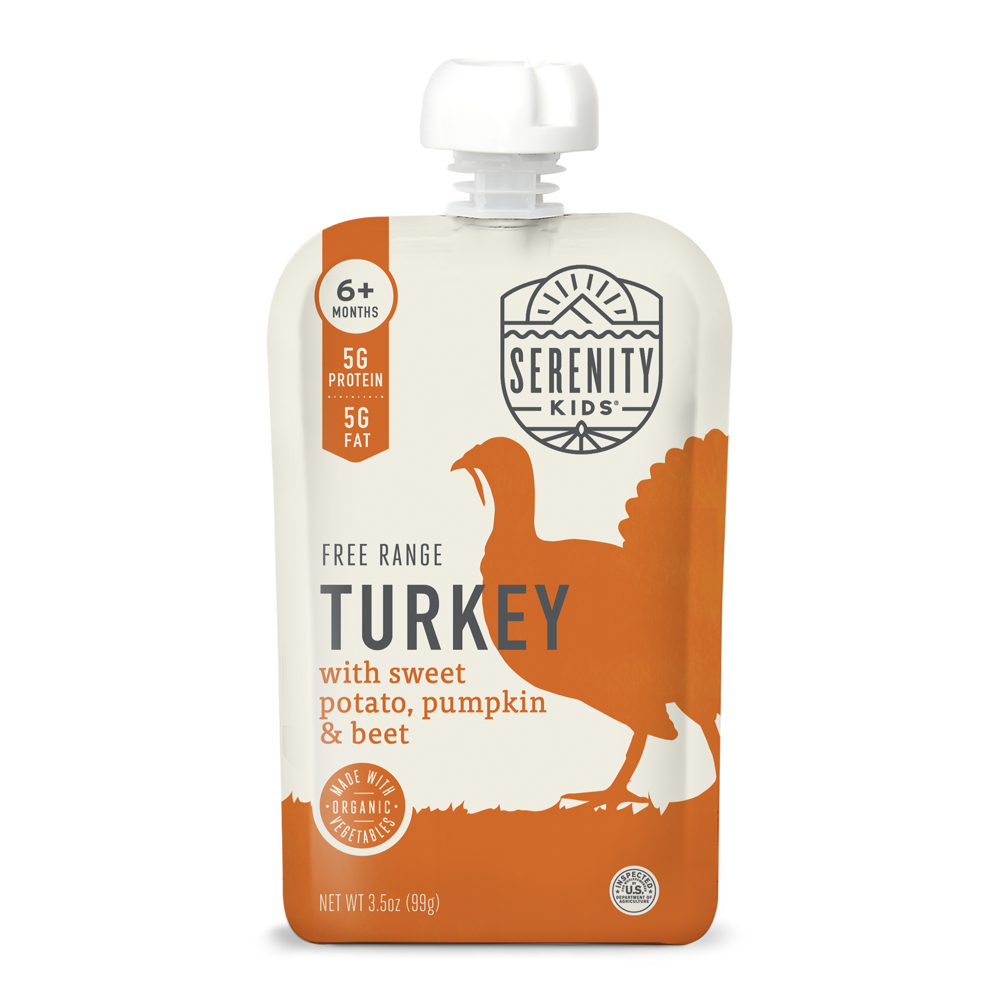 Serenity Kids free range turkey pouch with sweet potato, pumpkin, and beef on a white background