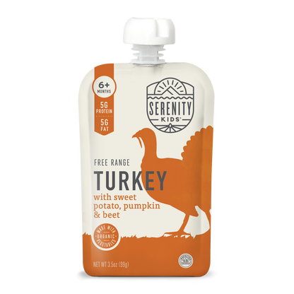 Serenity Kids free range turkey pouch with sweet potato, pumpkin, and beef on a white background
