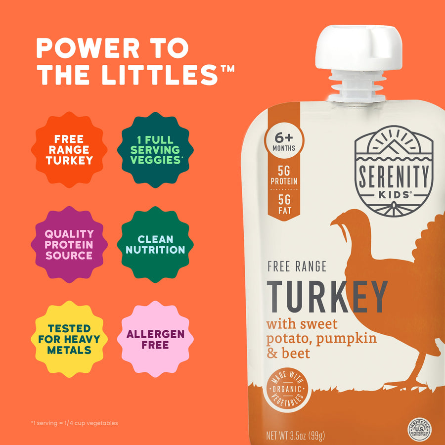 Serenity Kids free range turkey product packaging with features on an orange background