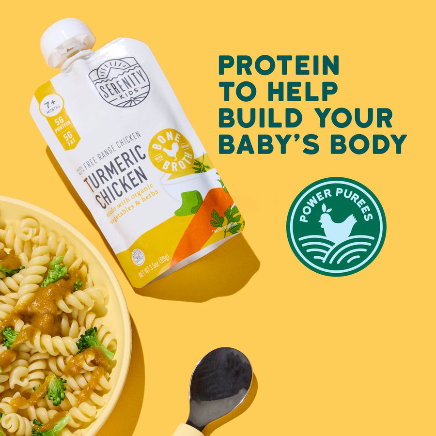 Turmeric Chicken Packaging with Power Purees image with text on a yellow background