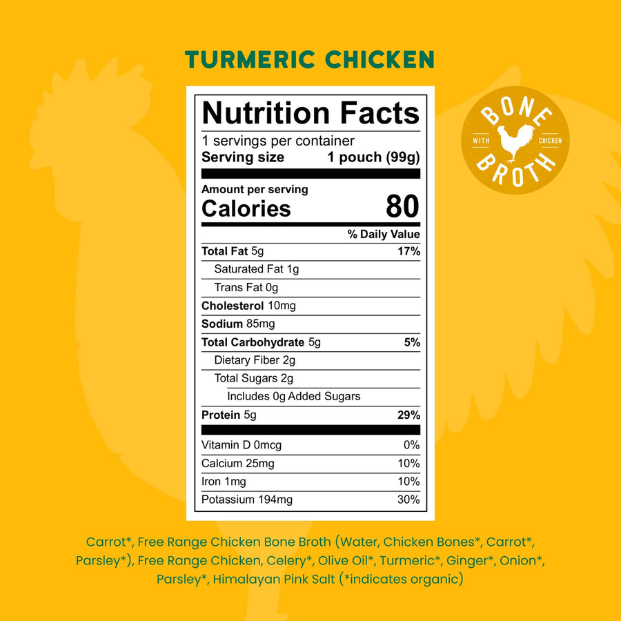 Nutrition facts label for turmeric chicken with a yellow background
