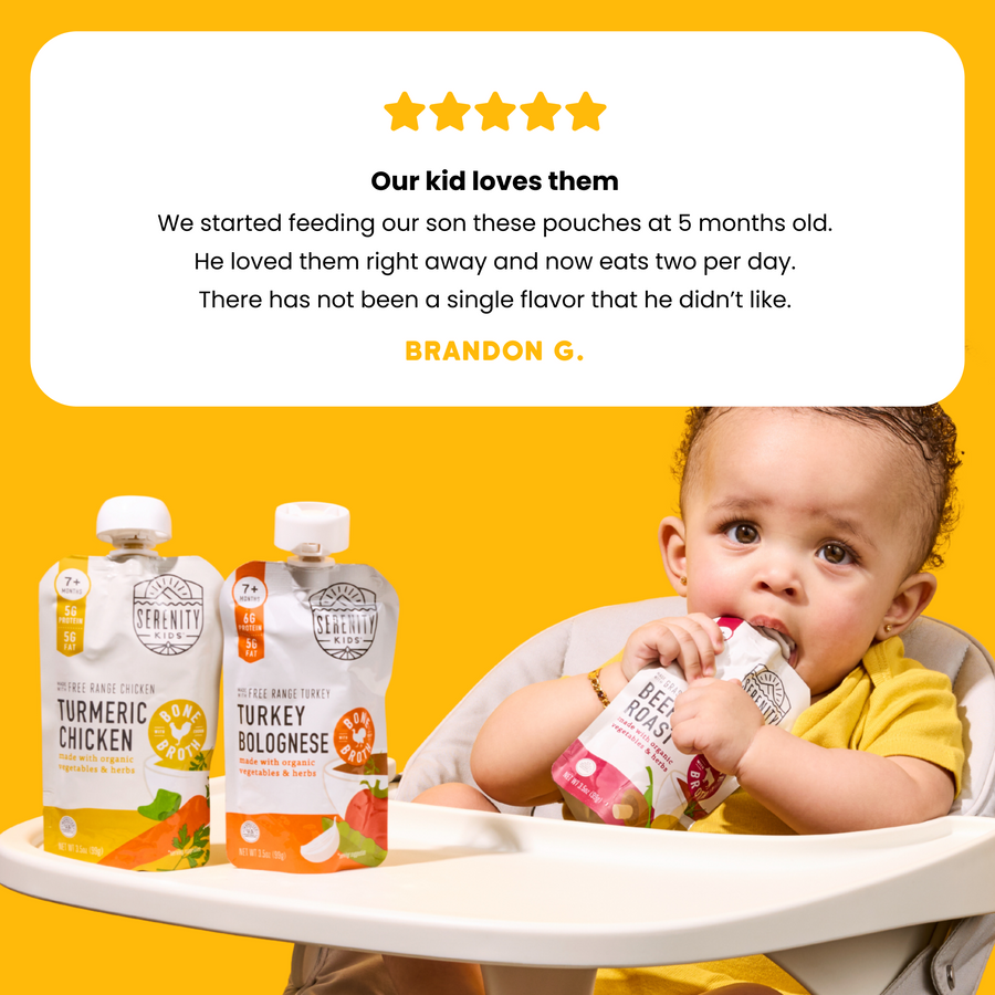 Baby in a high chair with Serenity Kids baby food pouches on a yellow background, featuring a five-star rating and customer review.