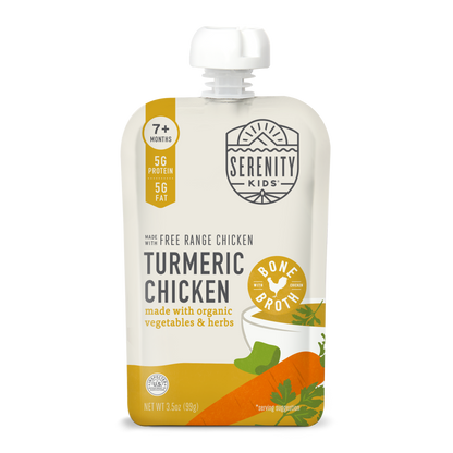 Serenity Kids turmeric chicken baby food pouch on a white background