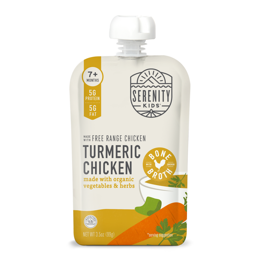 Serenity Kids turmeric chicken baby food pouch on a white background