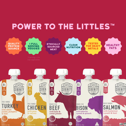 Serenity Kids food packaging with product names and 'Power to the Littles' text on a red background