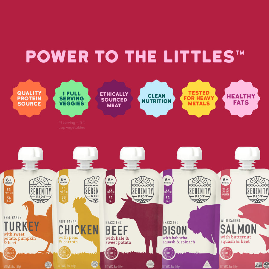 Serenity Kids food packaging with product names and 'Power to the Littles' text on a red background