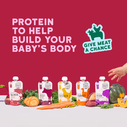 Baby food packaging with 'Give Meat a Chance' logo and text on a red background
