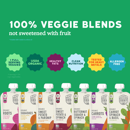 Organic Veggie Packaging of organic vegetable blends with green background and feature icons.