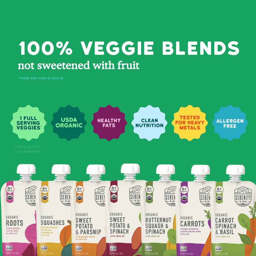 Organic Veggie Packaging of organic vegetable blends with green background and feature icons.